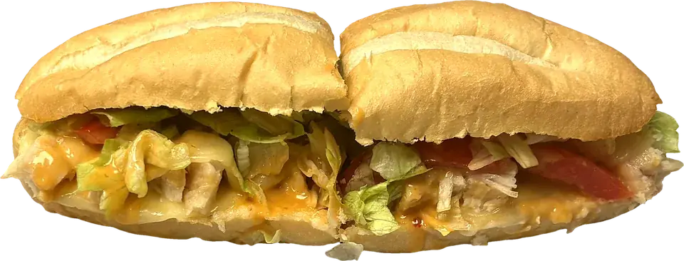 Grilled Chicken Melt: grilled chicken, melted provolone, tomato and greens on a toasted Italian roll, cut in half