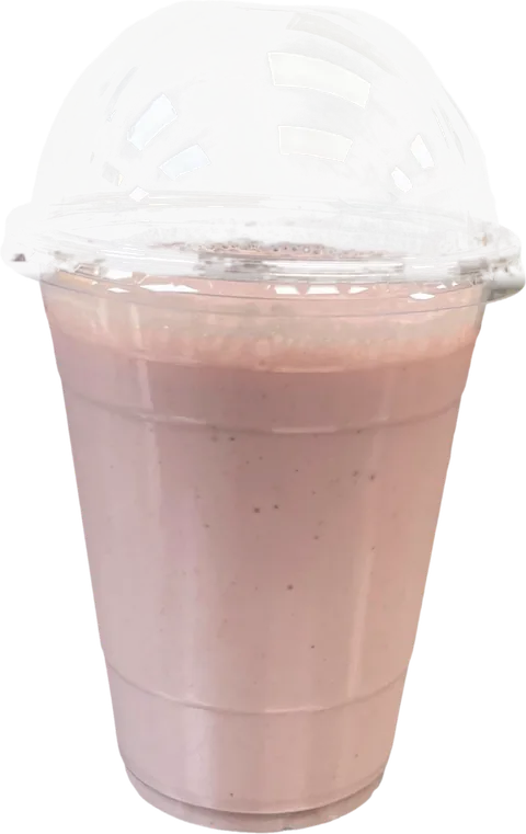 Strawberry Banana Velvet smoothie in a clear domed cup